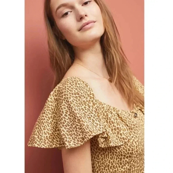 Anthropologie Leopard Print Bolano Ruffle Shoulder Button Midi Dress Size 0 - Picture 7 of 11